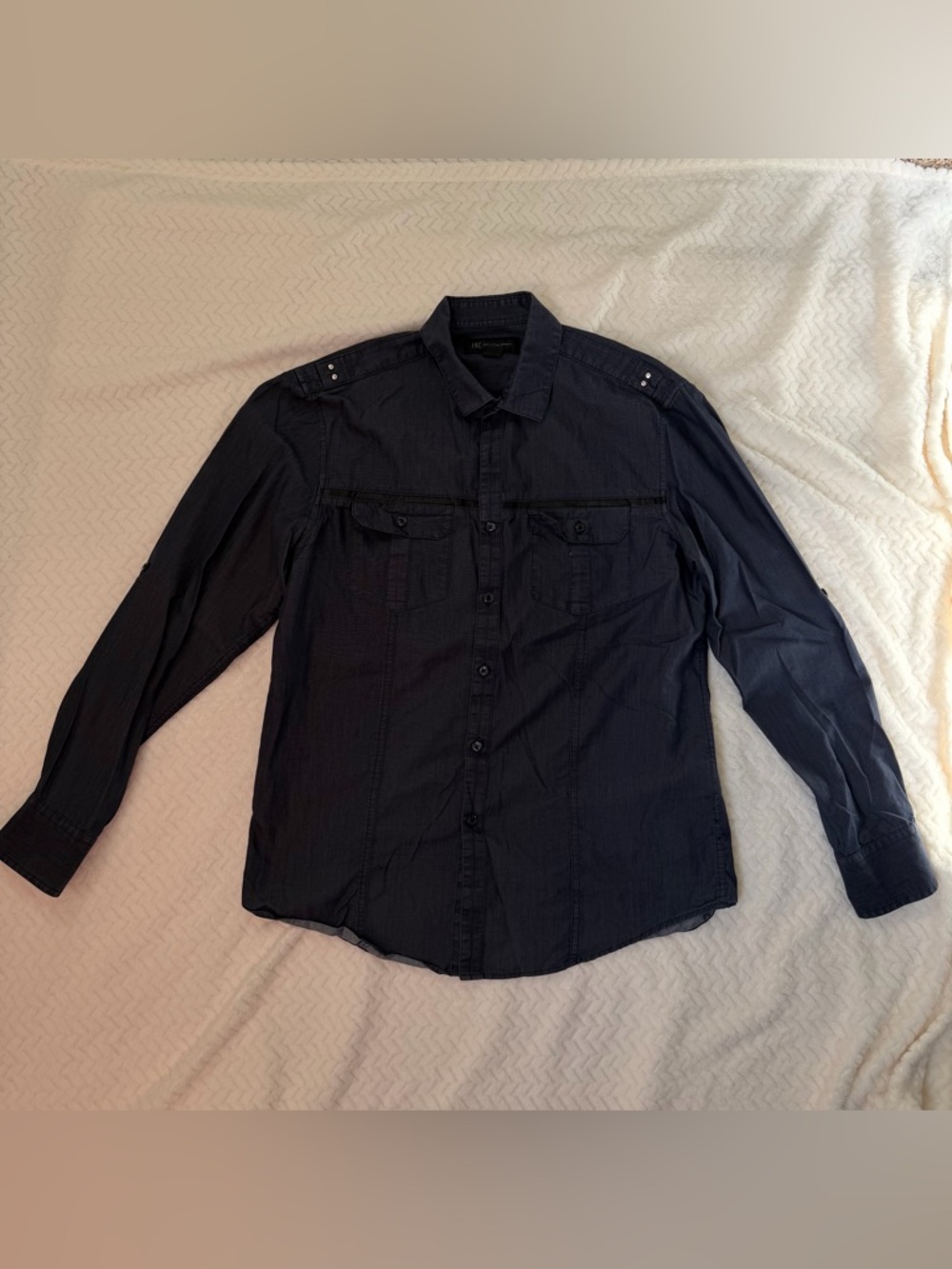 INC International Concepts Dark Navy Button-Front Shirt with Black Buttons